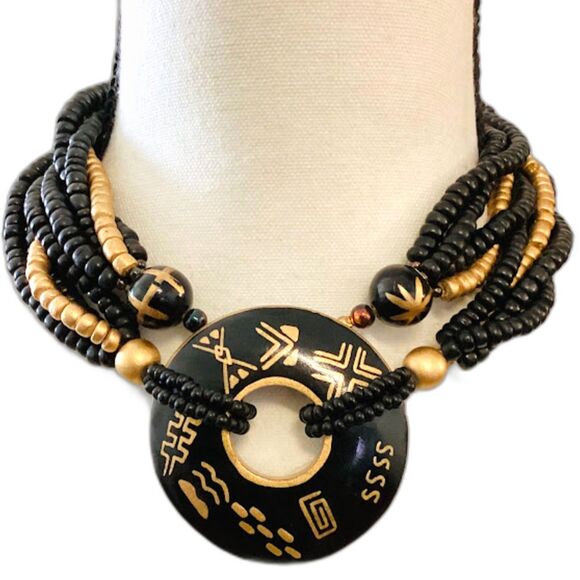 Vintage Jewelry - Vintage Wooden Beaded Four Strand Necklace w Round Pendant Black/Gold